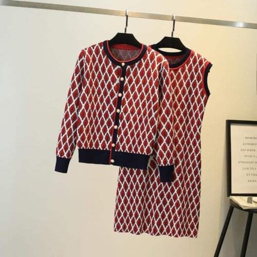 Vintage Cherry Knit 2 Piece Set Women Doll Collar Pullover Top+Chic Elastic Waist Bodycon Mini A-Line Skirt Casual Knitting Sets