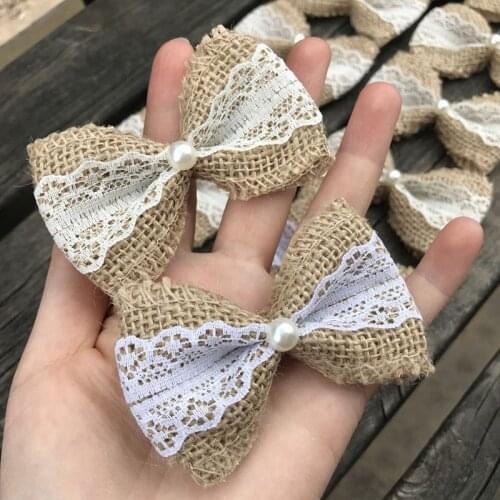 ZIMA10pcs Wedding Decoration Jute Burlap Hessian Ribbon Bowknot Vintage lace jute Scrapbooking Bow Craft party favors christmas