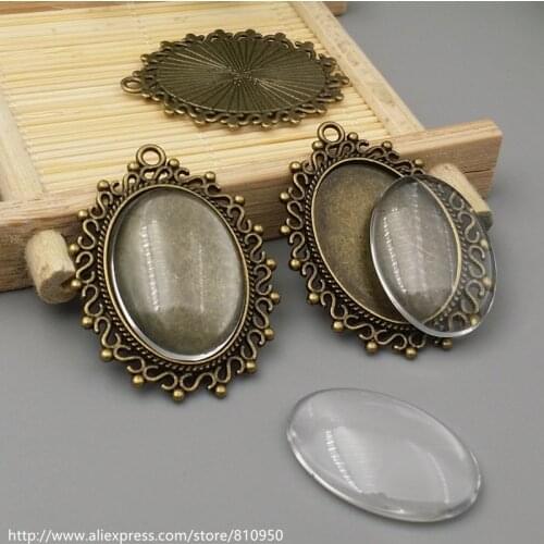 10sets/lot 18X25mm Antique Bronze Alloy filigree Cameo Oval base Setting Pendant +Clear Glass Cabochons DIY Jewelry Accessories