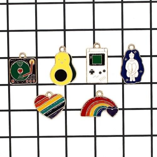10pcs Enamel Alloy Charms Gold Tone Plated Drip Oil Rainbow Heart Rocket Radio CD Metal Bracelet Necklace Pendants Making