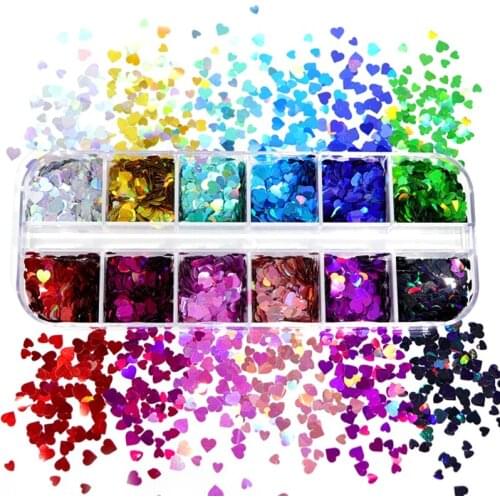 12 Grids/Box Holographic Glitter Love Heart Shape Epoxy Resin Filling Sequins J60E