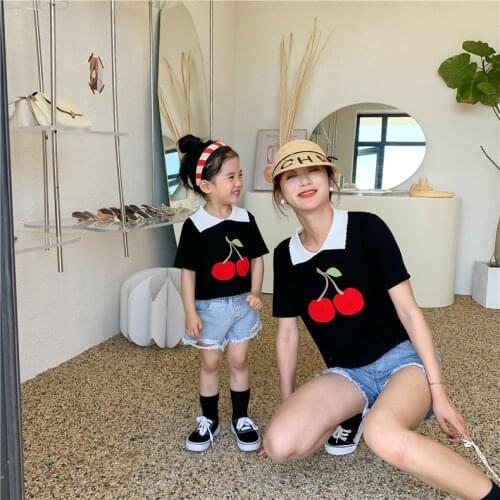 Mother Daughter Clothes Sets Summer Family Matching Outfits Lapel Cherry Knitting Shirt Denim Shorts 2pcs For Mom And Daughter