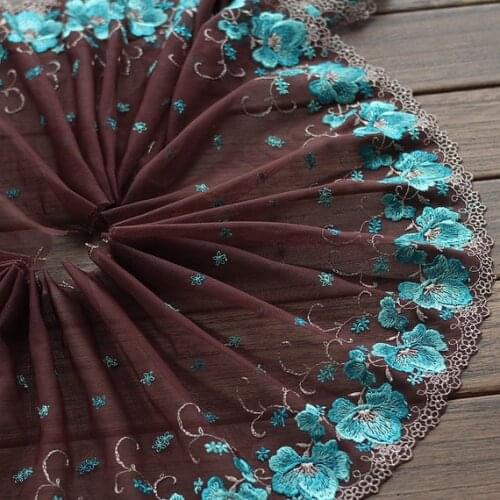 2 Yards Lace Trim Cyan Floral Embroidered Coffee Tulle Lace 8.26 Inches Wide High Quality