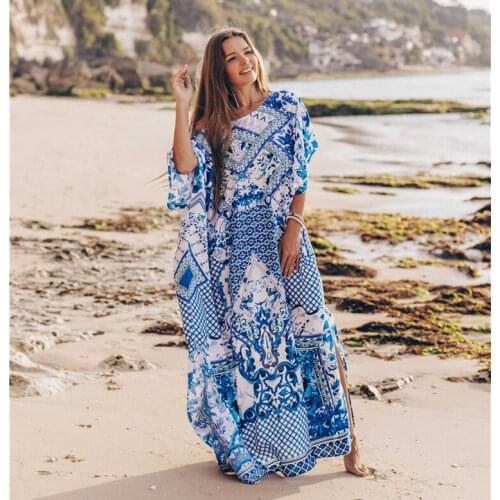 2020 Quick Dry Bikini Cover-up Bohemian Printed Summer Beach Dress Cotton Tunic Plus Size Beach Wear Swim Suit Cover Up Kaftan