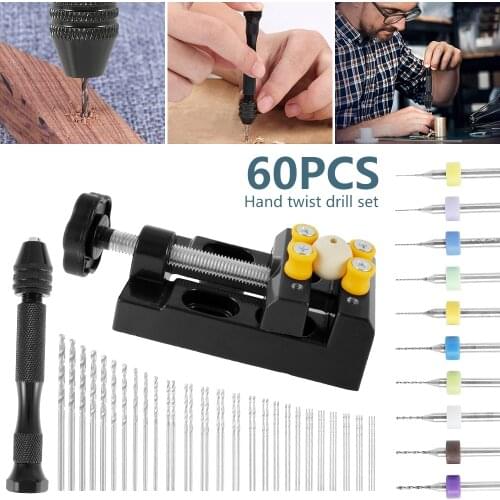 60PCS Mini Hand Drill Jewelry Craft with Keyless Chuck HSS Twist Drill Bit Woodworking Drilling Rotary Tools Hand Drill Manual