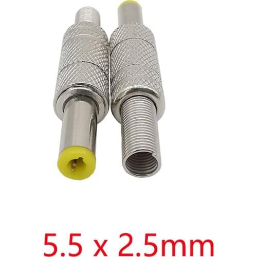 5/10Pcs DC Power Male Plug 5.5mm x 2.5mm Silver Metal Jack Connector with Spring and Yellow Head 5.5*2.5mm