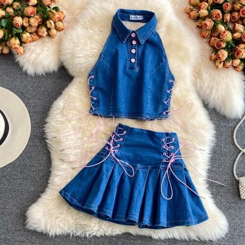 Amolapha Korean New 2 Pieces Set Womens Summer Backless Short Denim Tops And High Waist Pleated A-Line Skirts Jeans Chic Suit