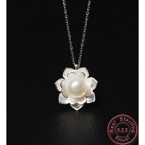 Amxiu Fashion White Freshwater Pearl Necklace 100% 925 Sterling Silver Choker Necklace Lotus Flower Necklace For Women Girl Gift