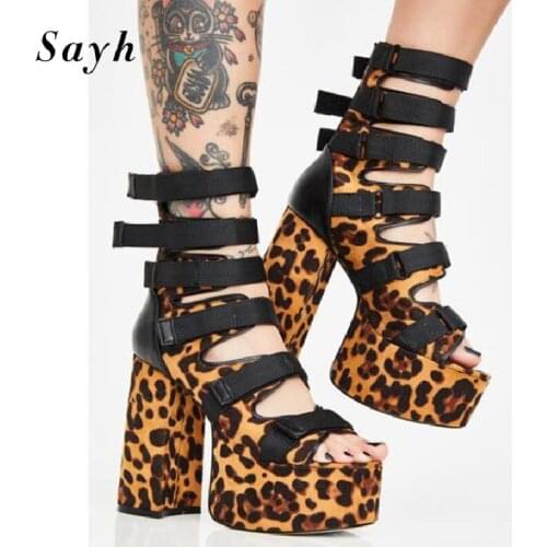 Fashion Sandals Women Leopard High Top Sandals Peep Toe Pumps Platform High Heels Sandals High Top Chunky Heel Runway Sexy Shoes