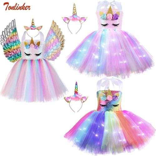 Girls Dress Unicorn Costume Fancy Up Christmas Kids Sequin Pastel Rainbow Tutu Birthday Party Dresses Princess Cosplay Costumes