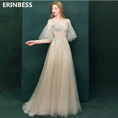 Sexy Sequined Evening Dresses Long Dress Sexy V-Neck Champagne Gray Evening Dress Half Sleeve Formal Party Gowns For Women