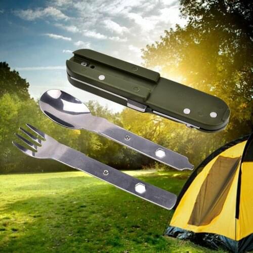 Stainless Steel Travel Kit Army Green Folding Camping Picnic Cutlery Knife Fork Spoon Bottle Opener Flatware Tableware Portable