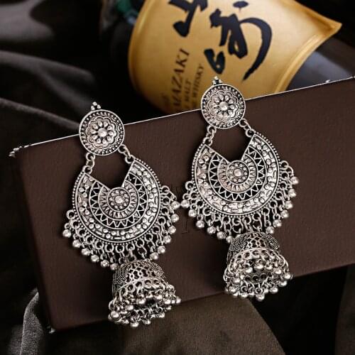 Ethnic Silver Color Hollow Afghan Earrinngs Bollywood Jewellery Vintage Bell Flower Tassel Indian Earrings Wedding Jewelry