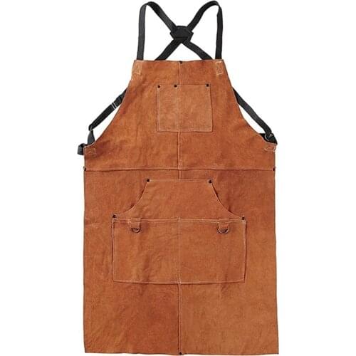 EAS-Leather Work Shop Apron With 6 Tool Pockets Heat & Flame Resistant Durable Heavy Duty Welding Apron For Men Women