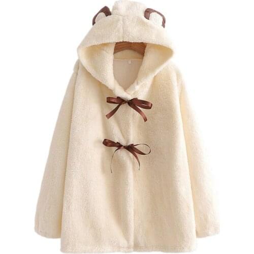 Fleece Solid Hooded Women Jacket 2021 Winter Long Sleeve Cute Ladies Kawaii Warm Outwears With Ears On Hood For Teenage Girls