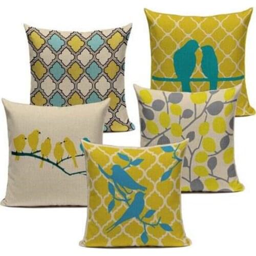 Fashion Yellow Color LOVE Bird Cushions Cover Heart Home Decor Linen Cotton Pillow Cover Decorative Throw Pillows Pillowcase