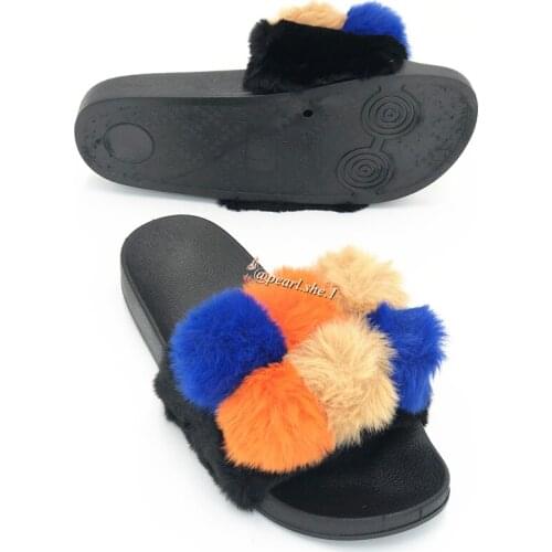 Custom Soft Plush Furry Cozy Open Toe House Indoor Outdoor Faux Rabbit Fur Slides Home Slippers