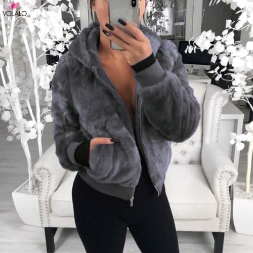 New Faux Fur Women Hood Coat High Waist Slim Faux Fur Jacket Fake Rabbit Fur Coat