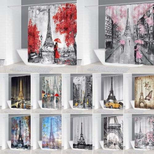 Retro Paris Tower Lakeshore Shower Curtains Lover Beautiful Scene Bathroom Decoration Polyester Fabric Bath Curtain with Hooks