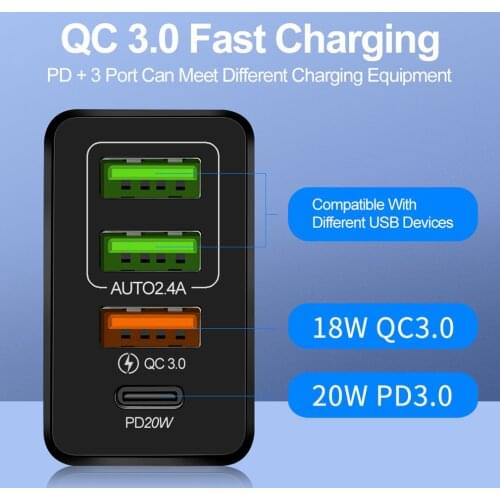 4 Ports EU/US/UK Plug PD USB Charger 36W Type C Quick Charge 3.0 Mobile Phone Charger For iPhone 12 Xiaomi Fast Wall Chargers