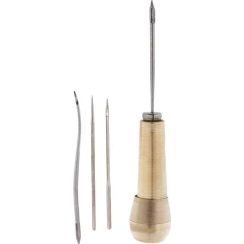 4 Needles Copper Handle Sewing Awl Hand Stitcher Shoe Repair Tool for DIY Sewing