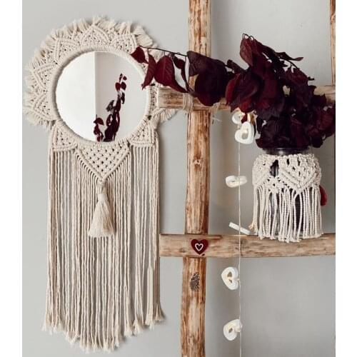 Nordic Hand-woven Glass Makeup Mirror Tapestry Bedroom Homestay Dressing Mirror Living Room Hanging Mirror Tapestry Wall