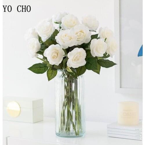 YO CHO Real Touch Roses Flowers Silk White Red Roses Artificial Flowers Wedding Decoration Peony Bouquet Home Decor Fake Roses