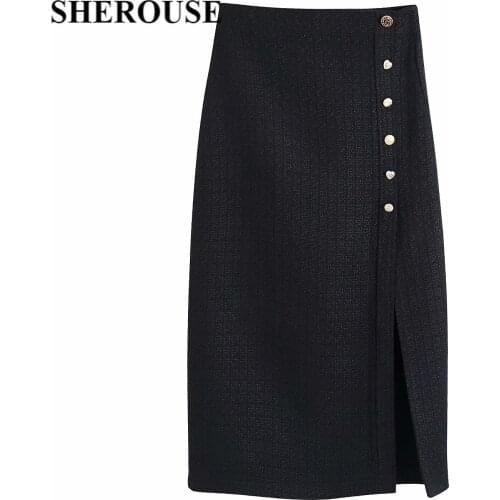 SHEROUSE Fashion Women Skirt with Buttons Decoration Elegant High-waist slit Chic Lady Blending Midi Long skirts Woman jupe