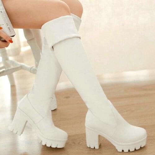 2021 Autumn Winter Women Over the Knee Boots Platform Square High Heel Ladies Thigh Boots PU Leather Round Toe Womans Boots