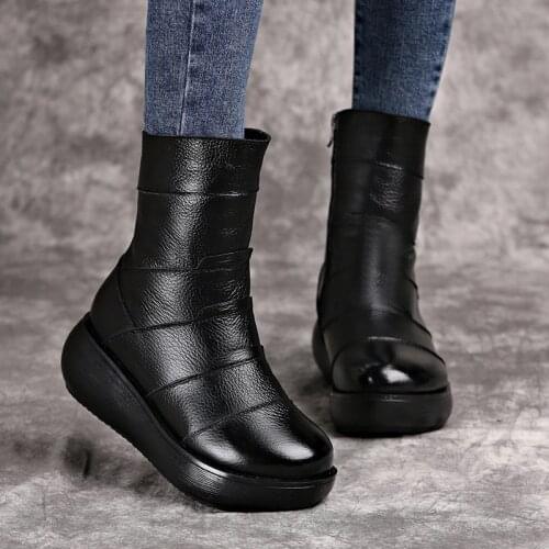 OUKAHUI Flat Platform Genuine Leather Half Boots Women Shoes 2019 Winter Round Toe Vintage Platform Mid Calf Boots Woman Zipper