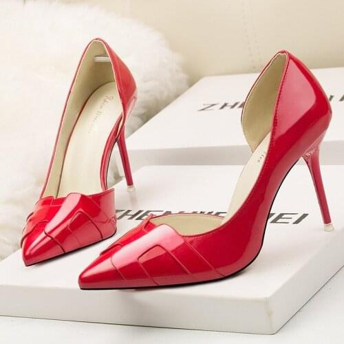 Mariahzheng Solid Color Patent Leather Shallow Mouth High Heel Womens Shoes Stiletto Side Hollow Womens Shoes ZWM