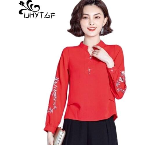 UHYTGF Women Autumn Blouses And Shirts Embroidered Hollow Long-Sleeved Pullover Thin Chiffon Short Top Female 4XL Plus Size 1470