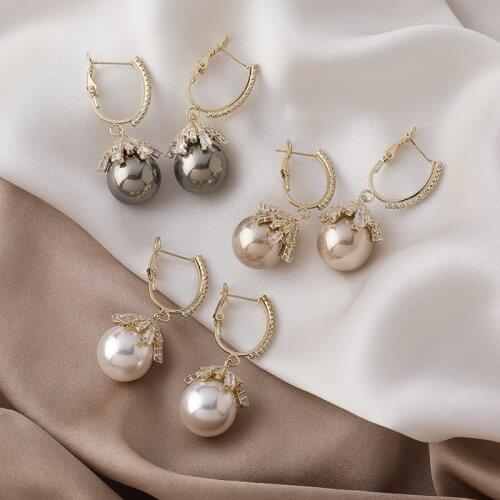 LOVOACC Temperament Champagne Grey White Color Big Pearl Earrings for Women Brass Gold Shiny Zirconia Hook Earrings for Women