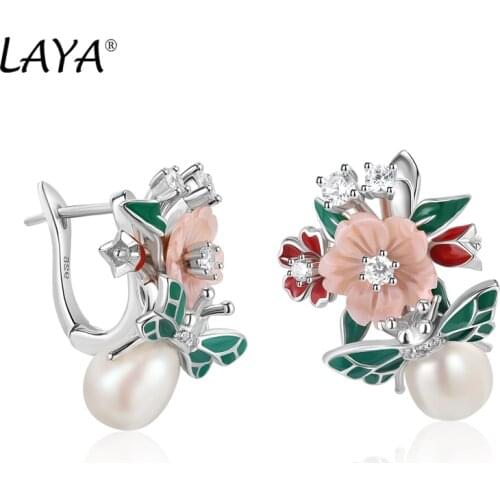 Laya 925 Sterling Silver High Quality Zircon Natural Pearl Shell Flower Leaf Enamel Drop Earrings For Women Trendy Jewelry