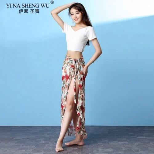 Belly Dance Costume Women Practice Suit Long Split Skirts Summer BellyDance Short Sleeve Top Floral Skirt Performance Clothes