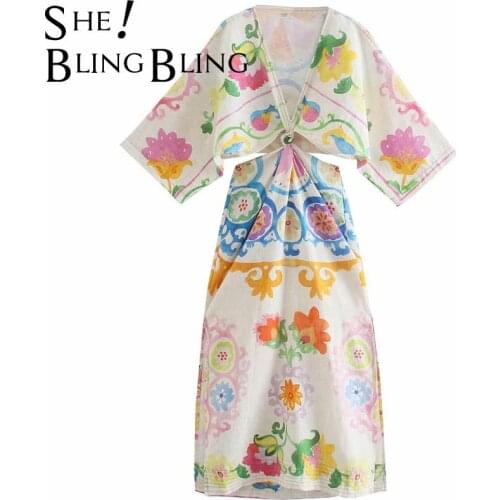 SheBlingBling Za Woman 2021 Linen Traf Dress Summer Batwing Sleeve V Neck Cut Out Waist Knot Front Folds Printed Midi Dresses