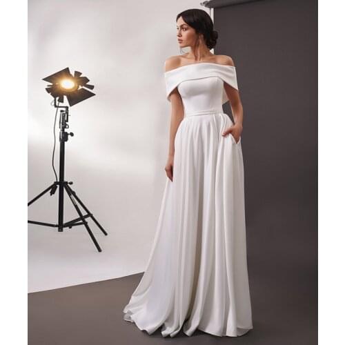 Elegant Jersey A-line Wedding Gowns 2021 Boat Neck Off-the-shoulder Sweep Train High Quality Bridal Gowns with Pockets
