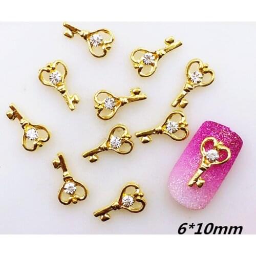 20pcs/pack Japan Korea Alloy Nail Art 3D Gold Heart Key with Rhinestone Metal Accessories for Phototherapy Nail Sticker DIY