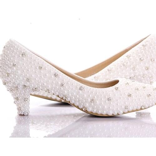 2020 Best white pearl Low heels shoes Custom make small heel bridal wedding shoes Celebrity Party Prom Dancing Shoes large size