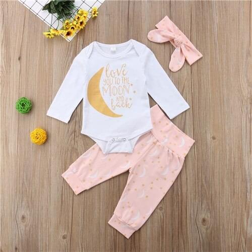 Baby Boys Girls Set Clothes Newborn Infant Moon Long Sleeve Tops Letter Romper Pants 3Pcs Outfits Girl Boy Headband Cotton