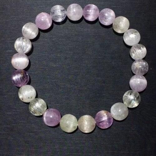 Natural Purple Kunzite Quartz Clear Round Beads Bracelet 9.1mm Cat Eye Women Men Colorful Kunzite Powerful Energy AAAAAA