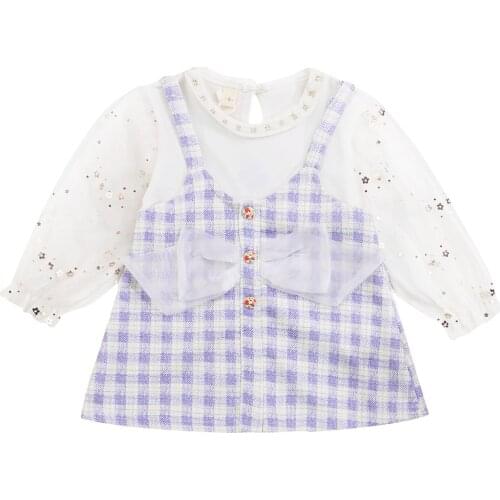 Princess Kids Baby Girl Dress Fall Spring Cute Sequins Mesh Puff Sleeve Round Neck Plaids Dress Party Elegant A-Line for Girl