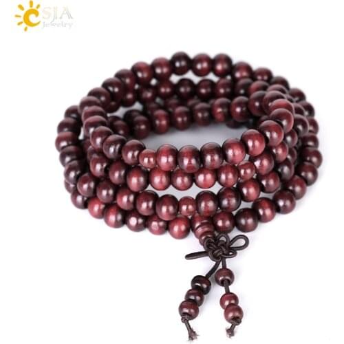 CSJA 8mm Chinese Wood Bead Bracelets Natural Red Rosary 108 Beads Bracelet Unisex Men Buddha Meditation Bangle Diy Jewelry S038