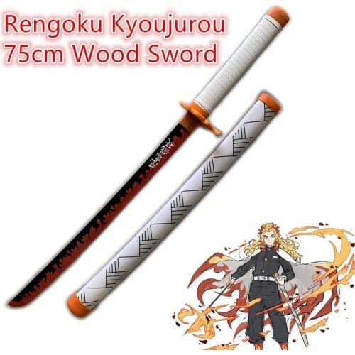 80cm Demon Slayer Cosplay Sword 1:1 Rengoku Kyoujurou Fire White Sowrd Anime Kimetsu no Yaiba Ninja Knife Weapon Wood Prop Mode