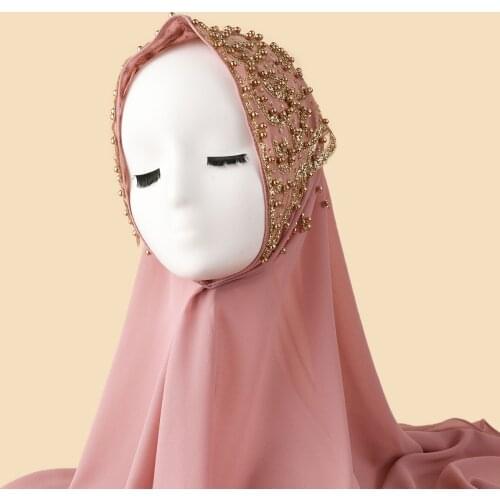 Beautiful Hijabs With Gold Vintage Foral Pattern Rectangle Shawl Womens Sequins Beaded Dubai Premium Chiffon Head Wrap 170X70CM