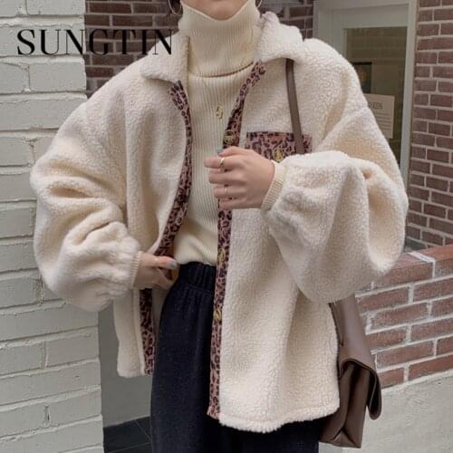Sungtin Fleece Faux Lamb Wool Coat Women Patchwork Leopard Loose Casual Jacket Vintage Thick Warm Harajuku Korean Clothes Lady