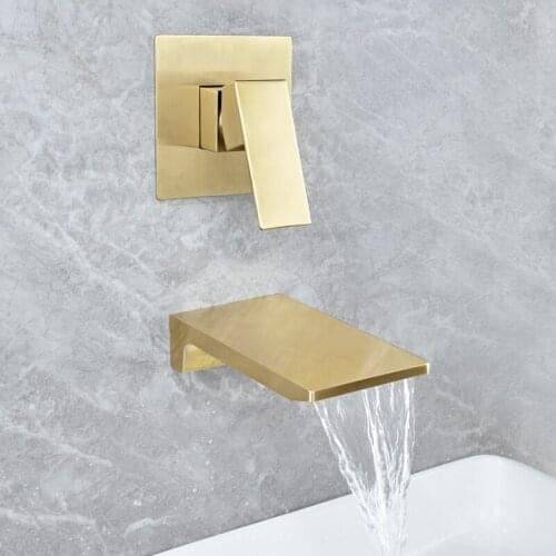 Brass Gold Brushed Wall-mounted Waterfall Bathtub Sink Faucet Single Handle Bathroom Hot And Cold Water Faucet