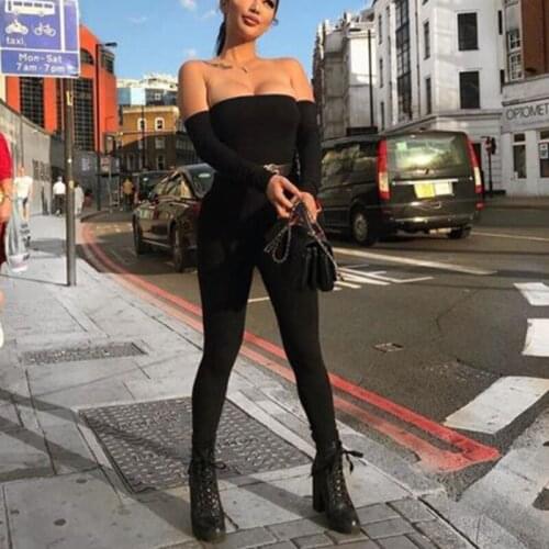 New Womens Off Shoulder Long Sleeve Ripped Jumpsuits Ladies Slim Black Long Jumpsuit Romper Trousers