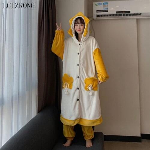 New Winter Warm 2pcs Pajamas Suit For Women Sweet Warm Long Sleeve Nightgown Loose Thick Home Clothes