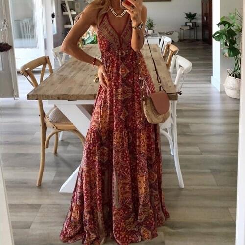 Summer Floral Print Party Dress Women 2021 Female Casual V-Neck Sleeveless Ankle-Length Maxi Dresses Boho Beach Sundress vestido